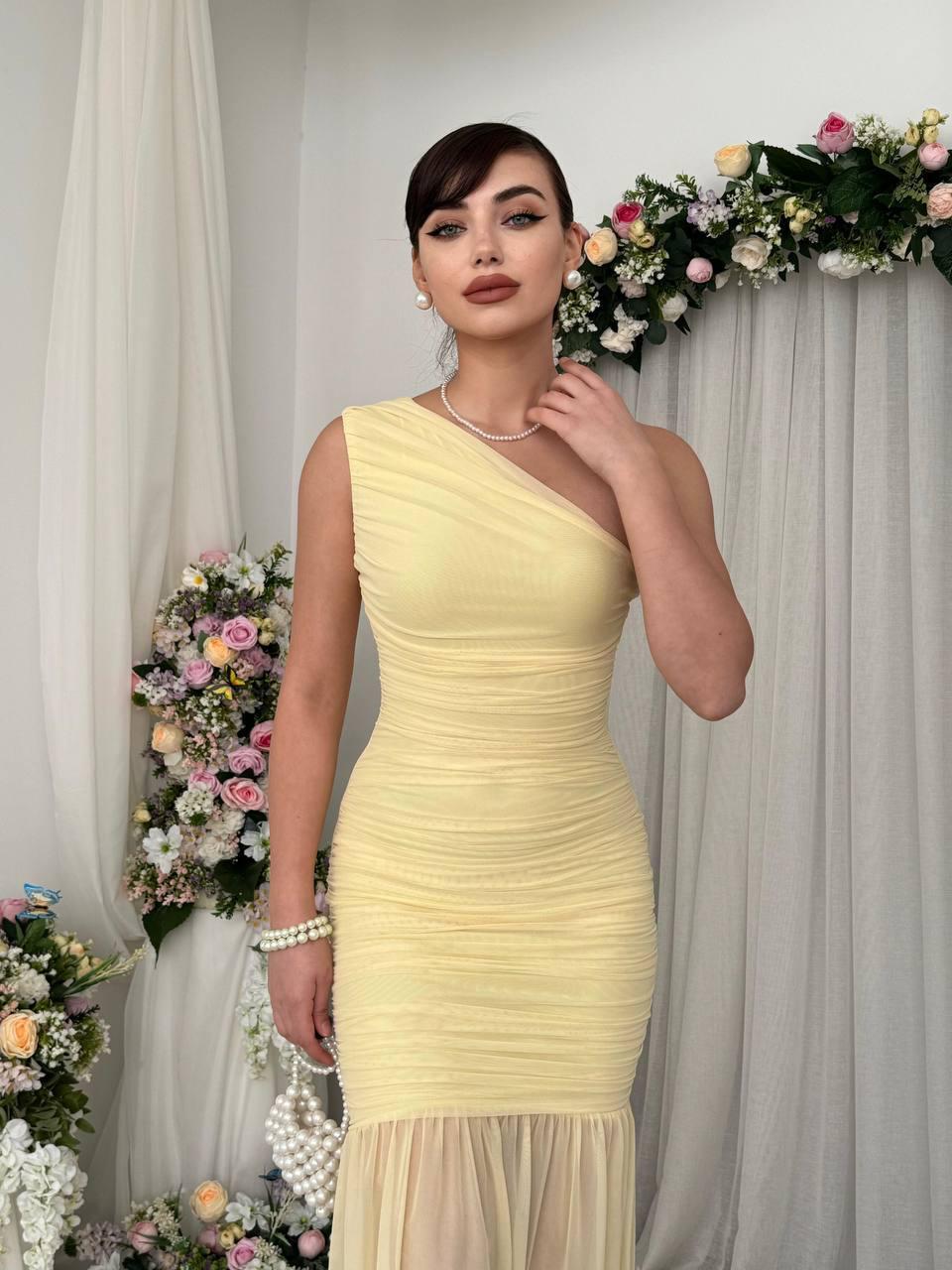 Yellow One-Shoulder Chiffon Dress