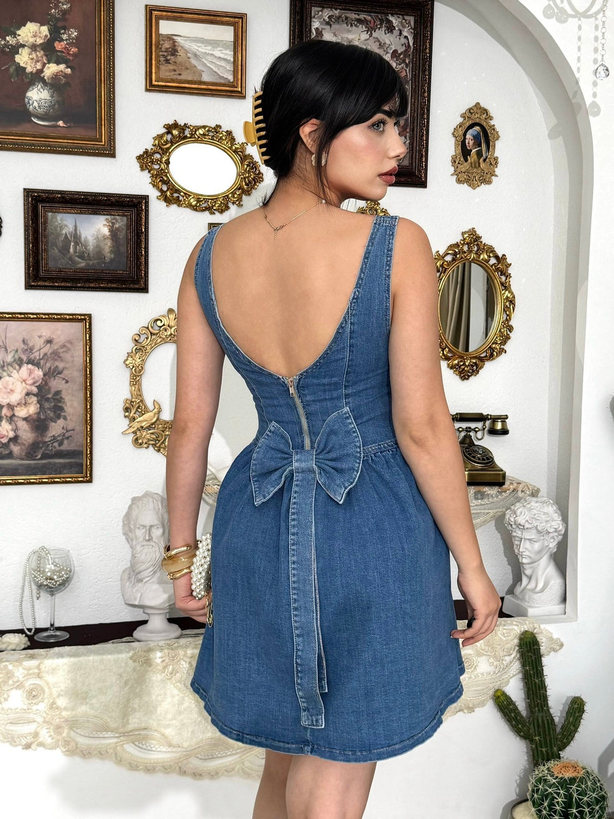 Denim Mini Dress with Bow