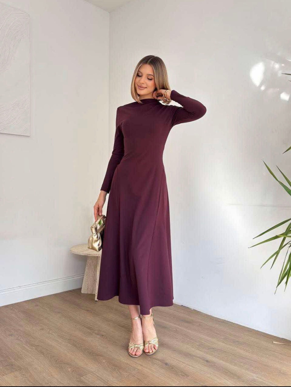 Long-Sleeve A-Line Maxi Dress ( Made in Turkey)