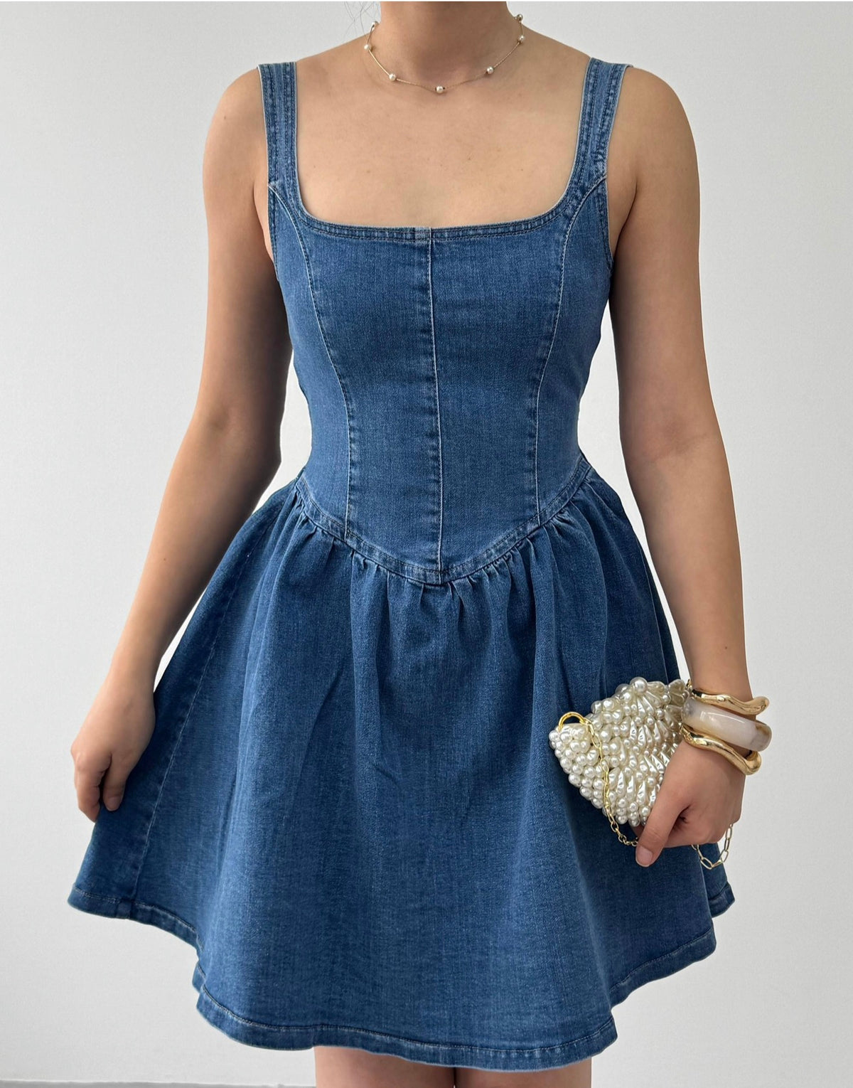Denim Mini Dress with Bow