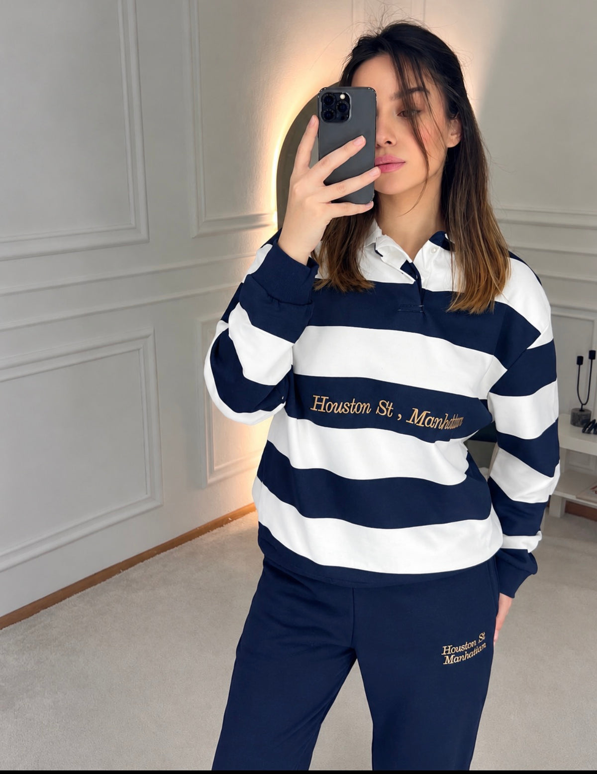 Navy & Ivory Striped Polo T shirt
