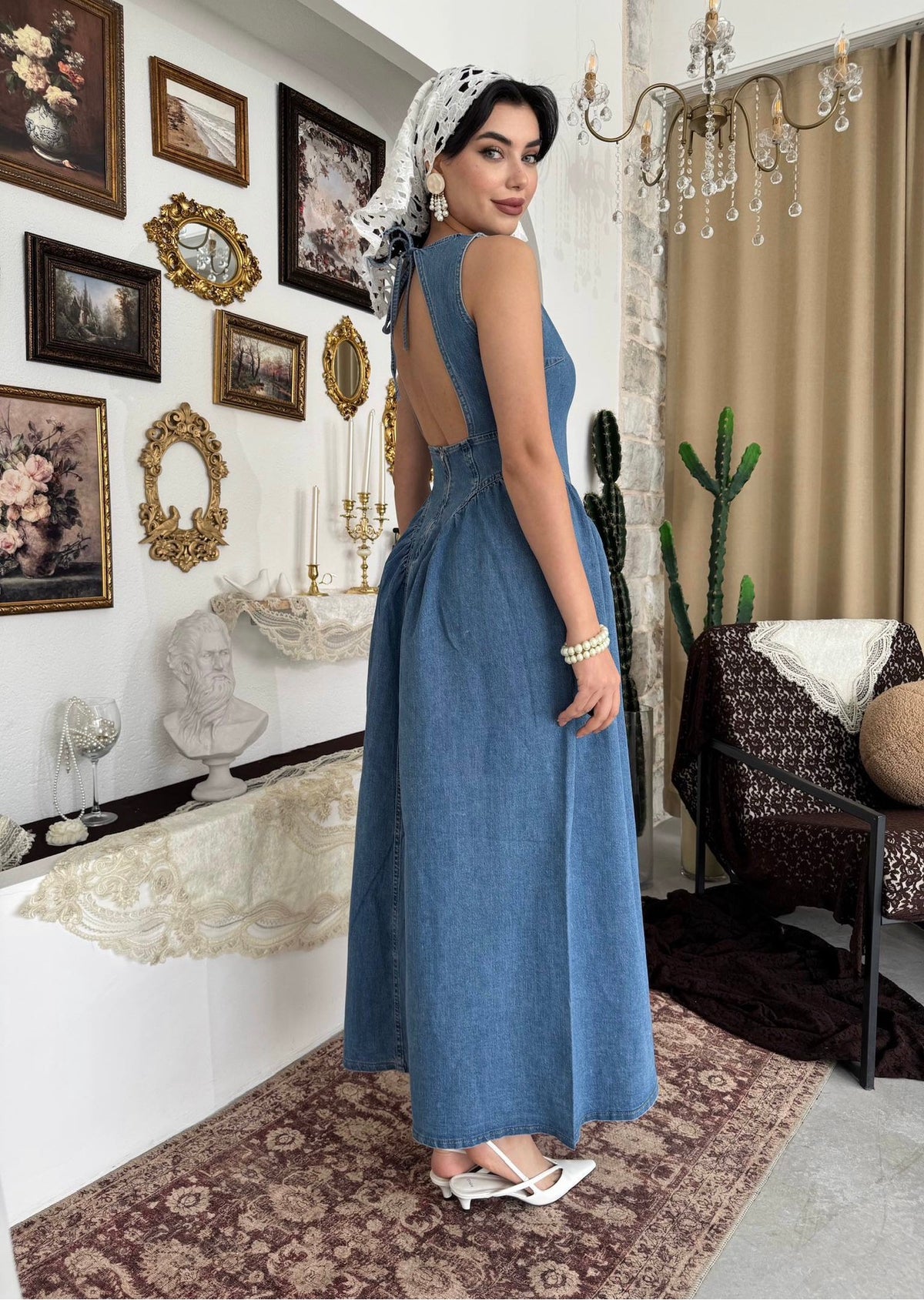 Denim Long Dress with Bow