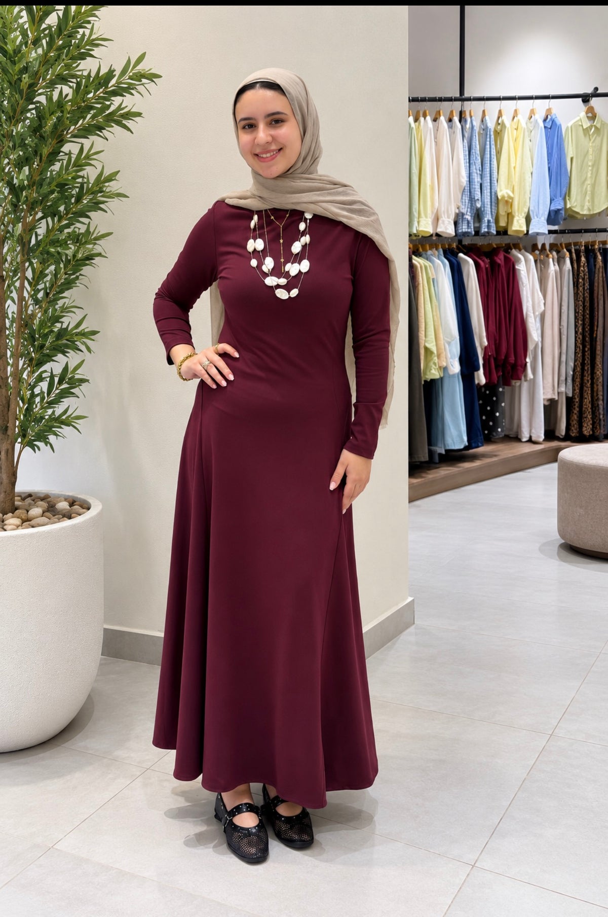 Long-Sleeve A-Line Maxi Dress ( Made in Turkey)