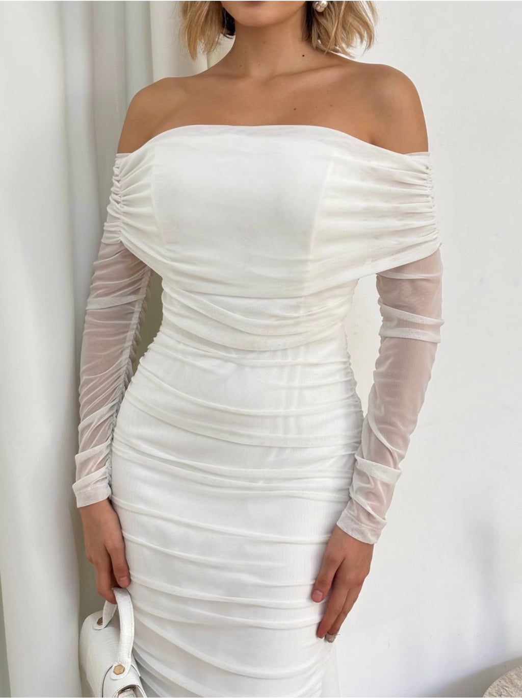 Title: Black Off-Shoulder Ruched Midi Dress