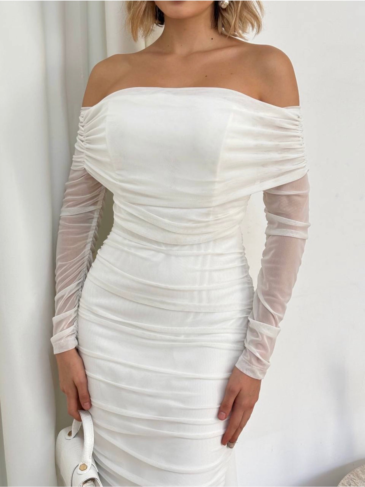 Title: Black Off-Shoulder Ruched Midi Dress