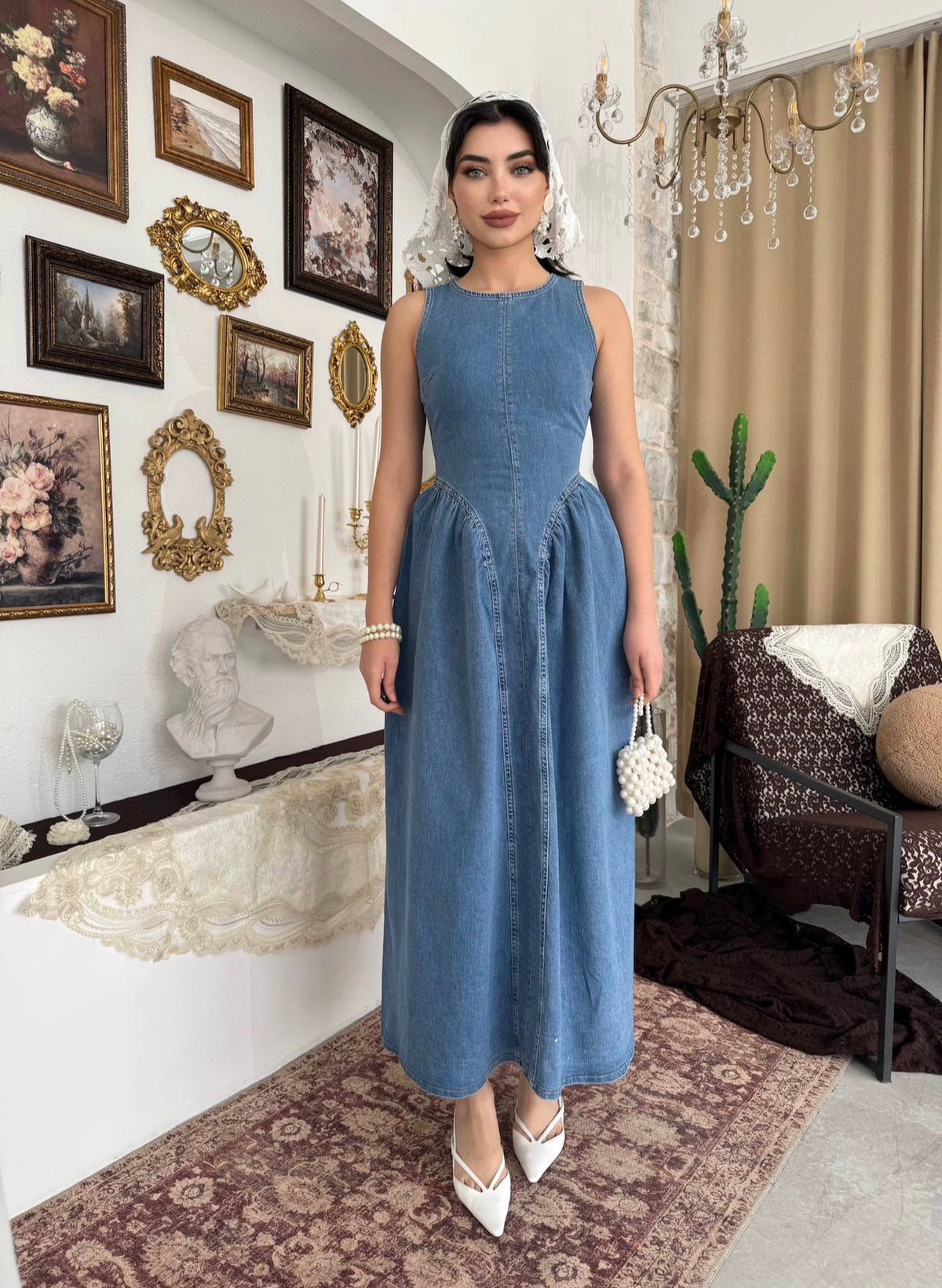 Denim Long Dress with Bow