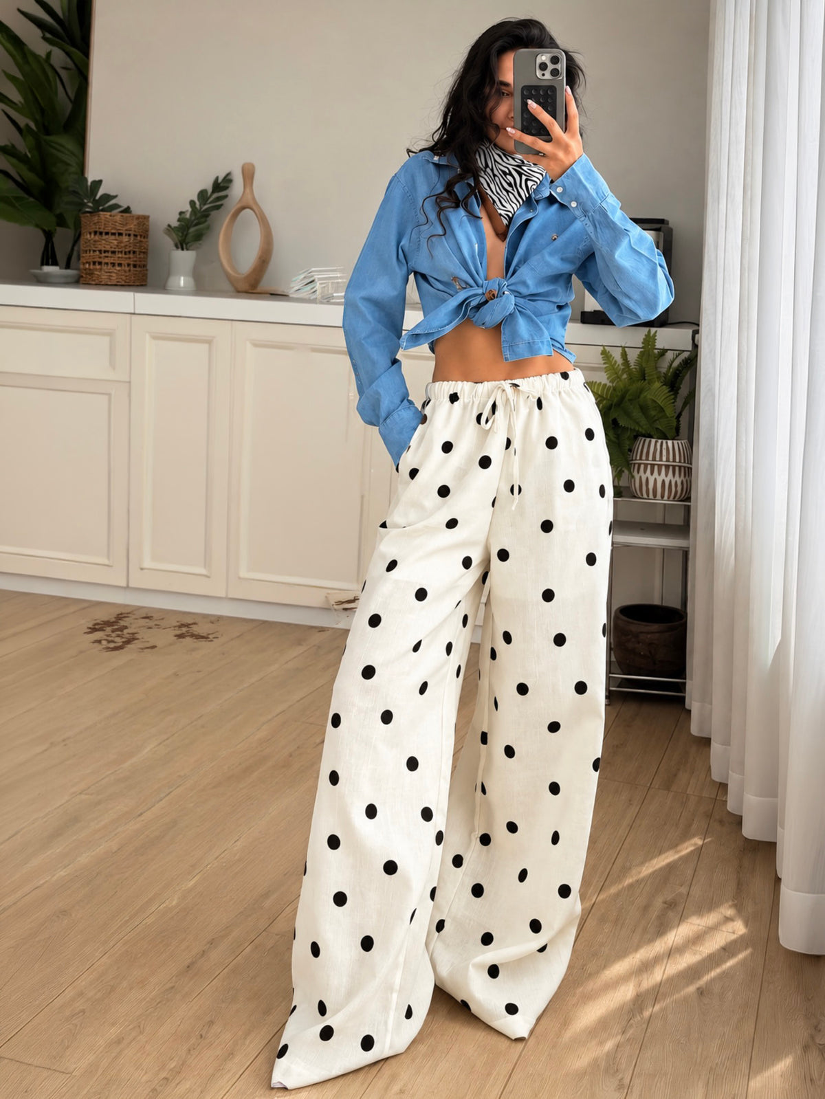 White Polka Dot Wide-Leg Pants