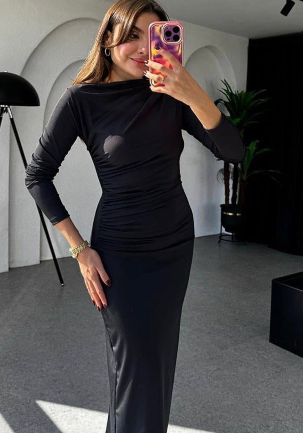 Ruched Long-Sleeve Maxi Dress