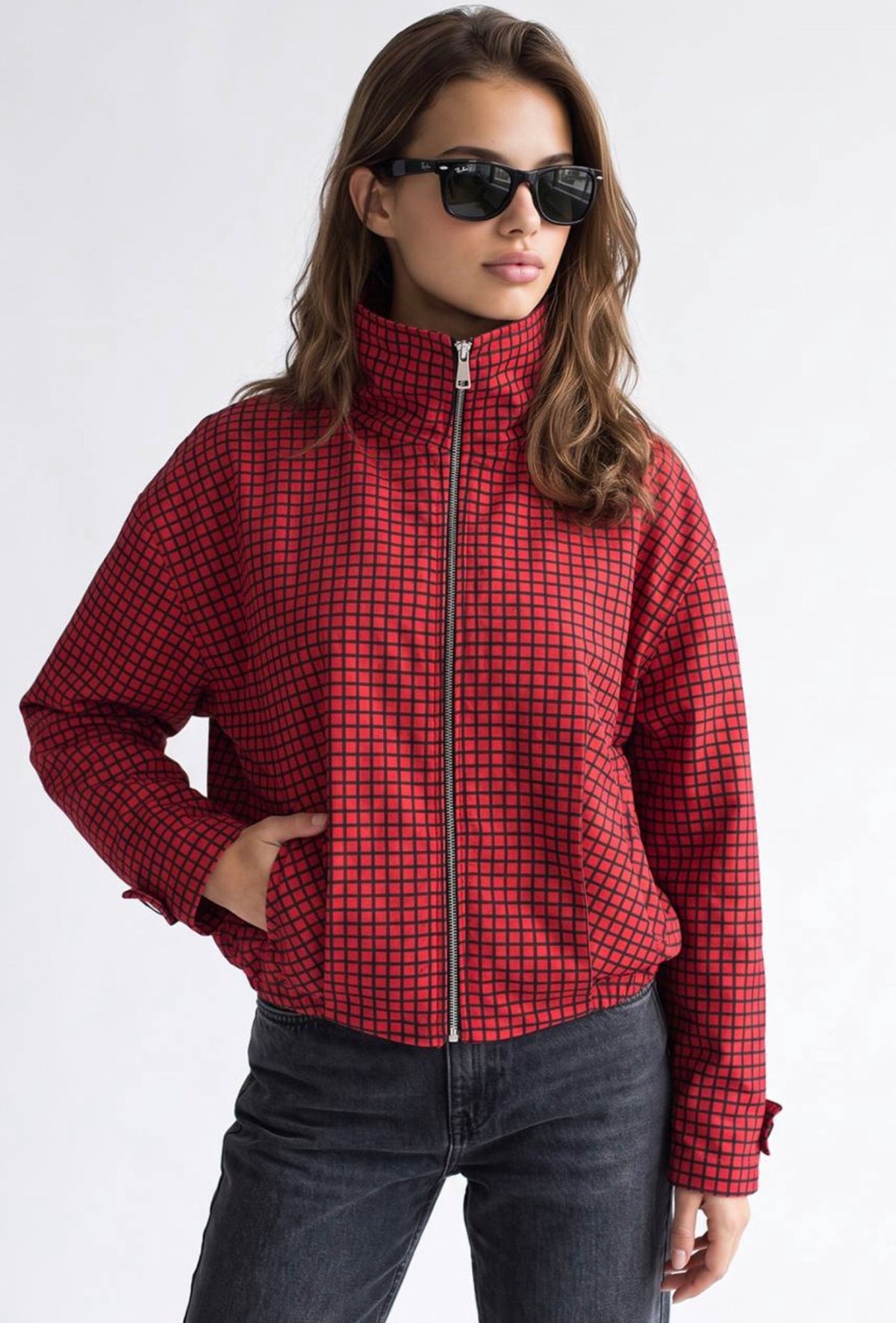 Red Checkered Zip-Up Jacket