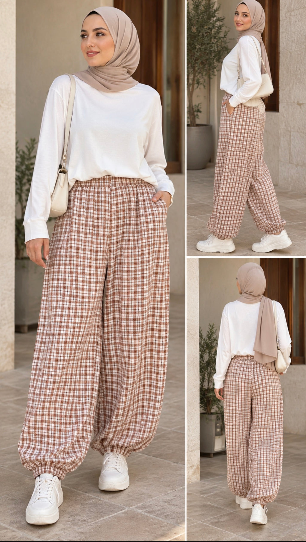 Plaid Elastic-Waist Balloon Pants