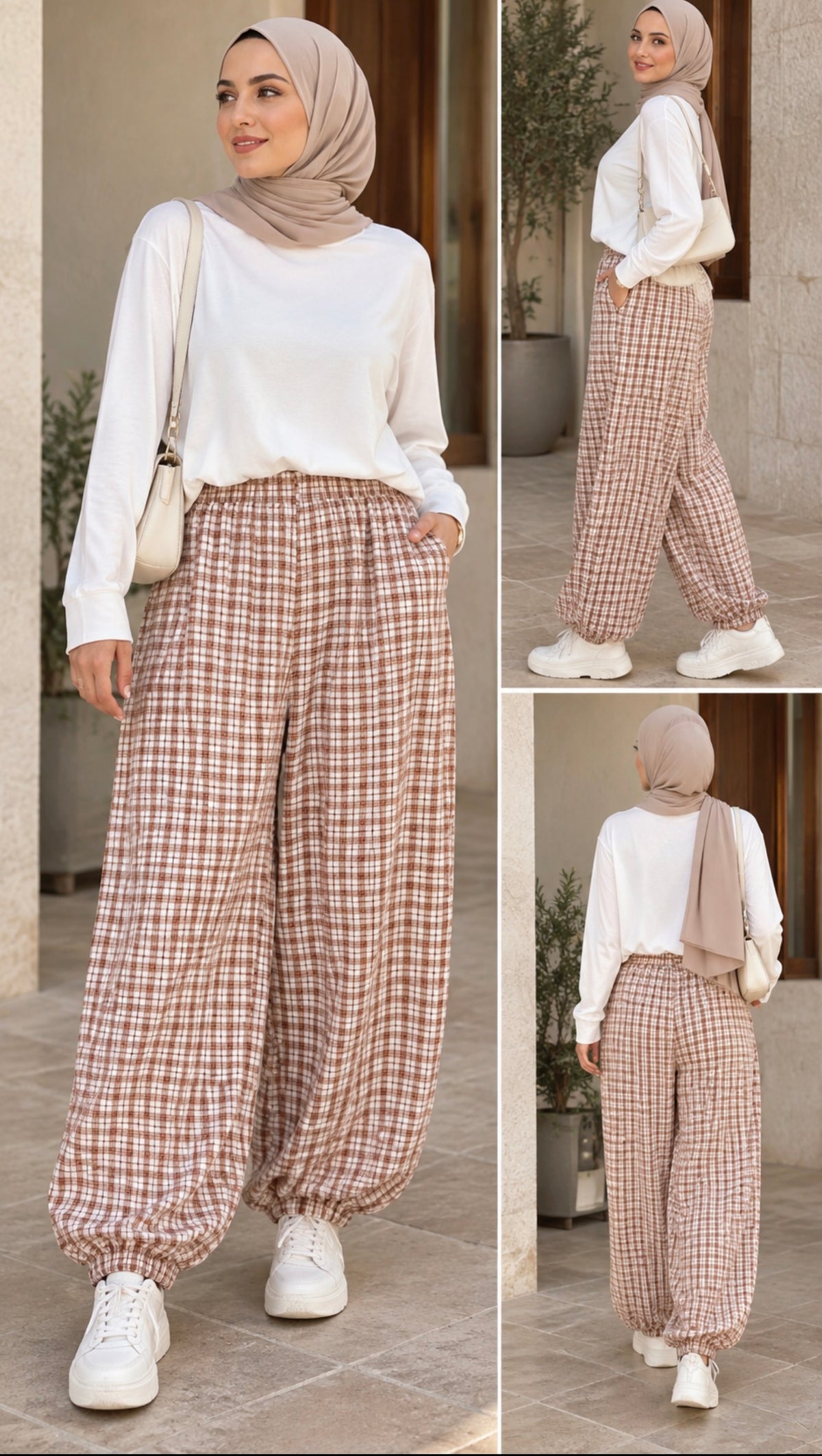 Plaid Elastic-Waist Balloon Pants