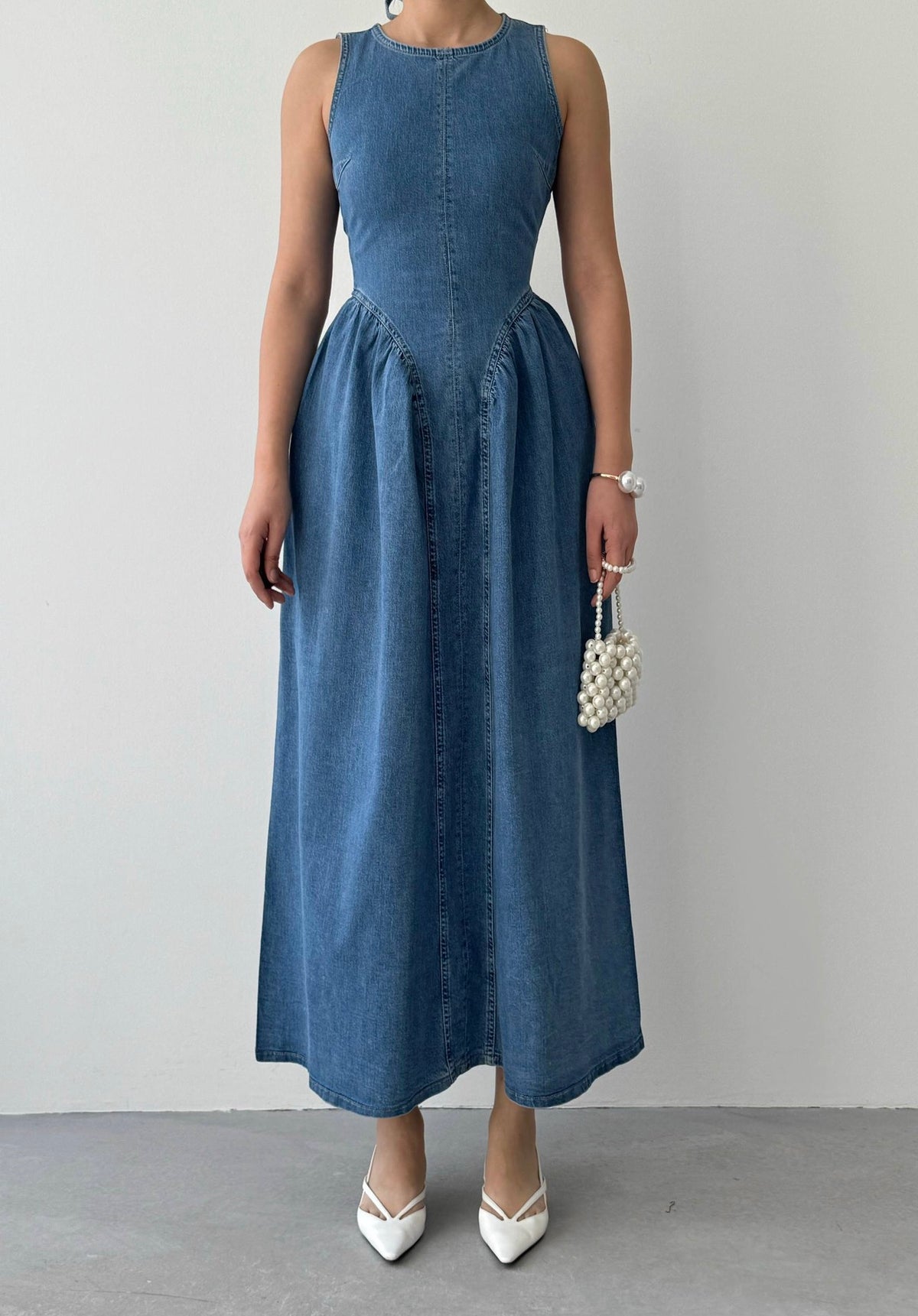 Denim Long Dress with Bow