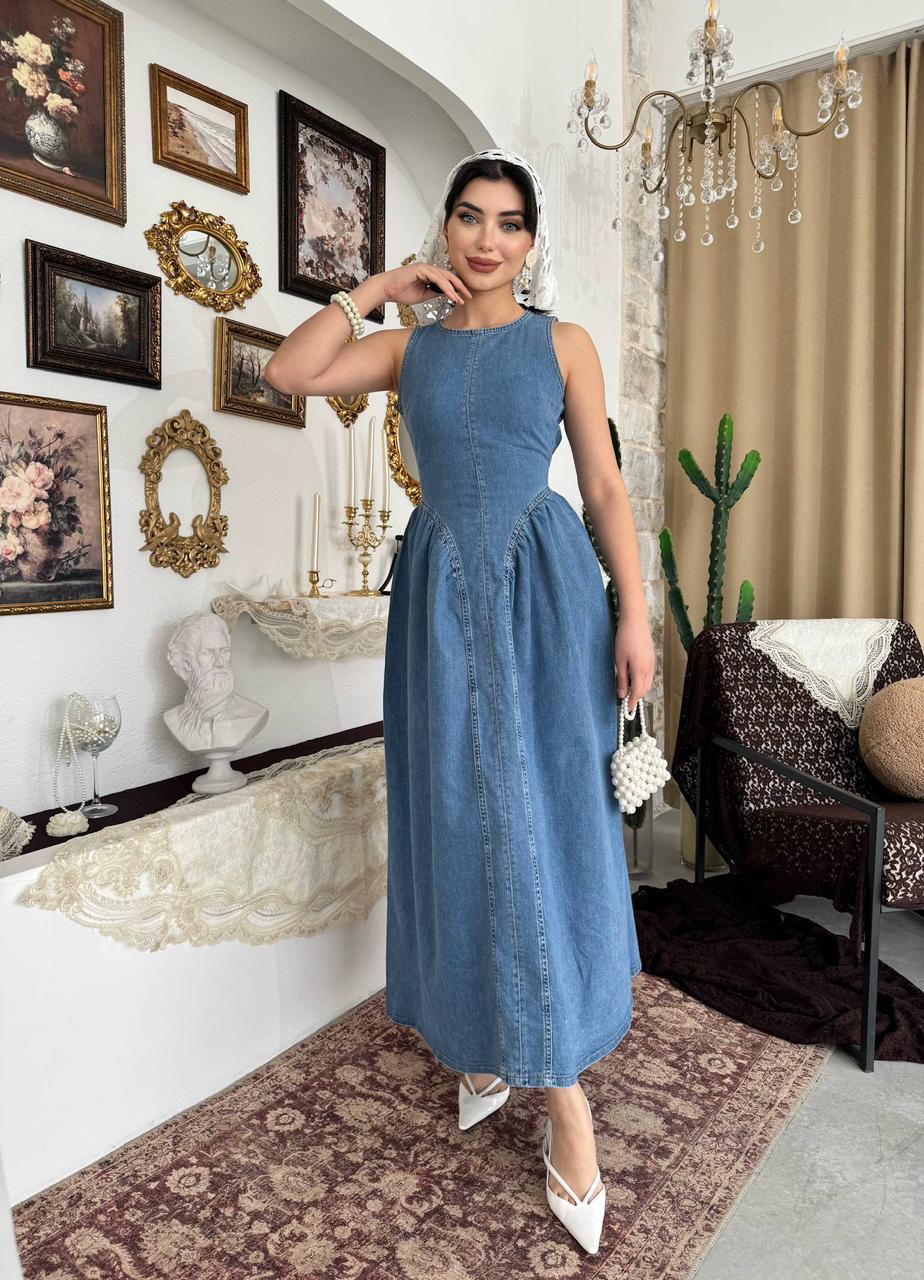 Denim Long Dress with Bow
