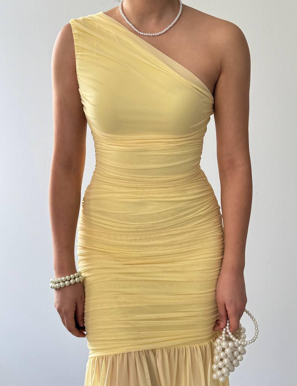 Yellow One-Shoulder Chiffon Dress