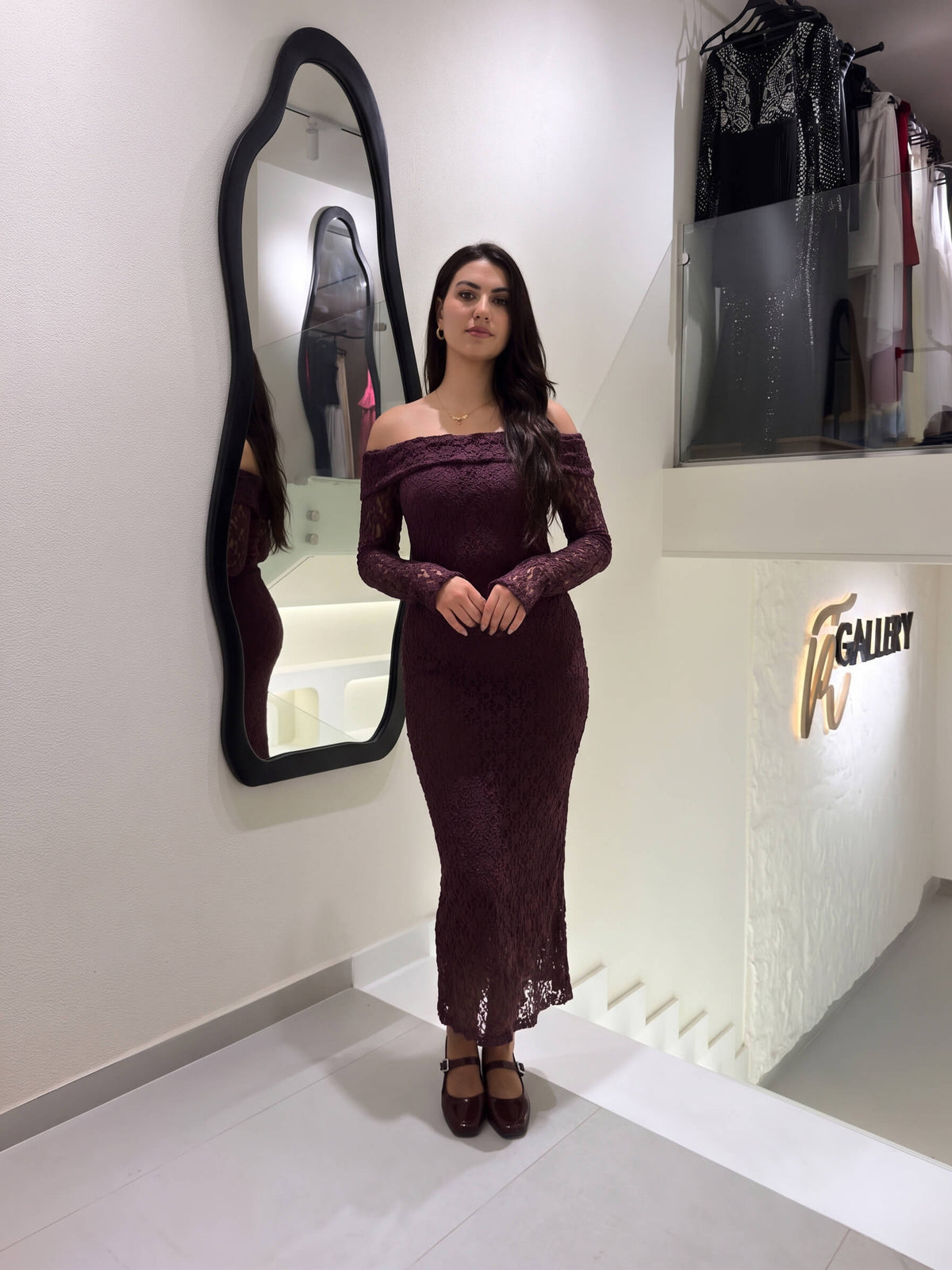Burgundy Lace Off-Shoulder Midi Dress