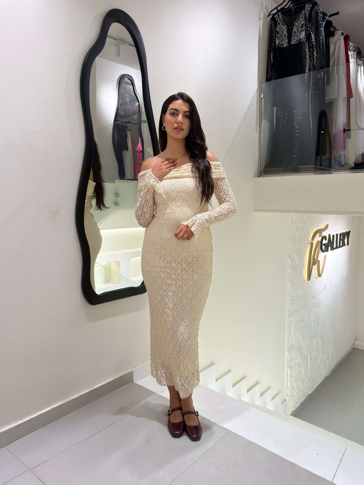 Ivory Lace Off-Shoulder Midi Dress