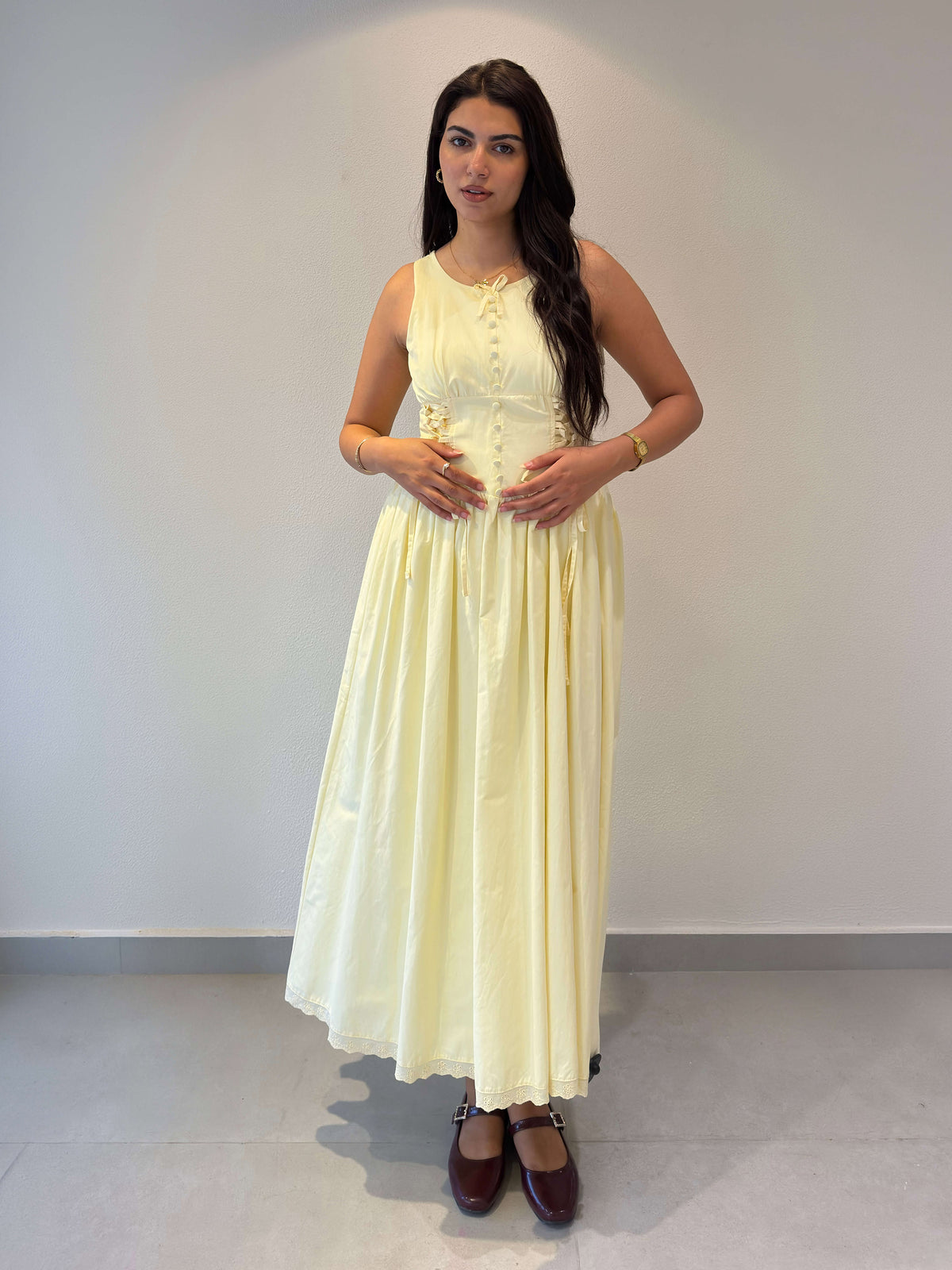 Lemon Yellow Button-Front Maxi Dress