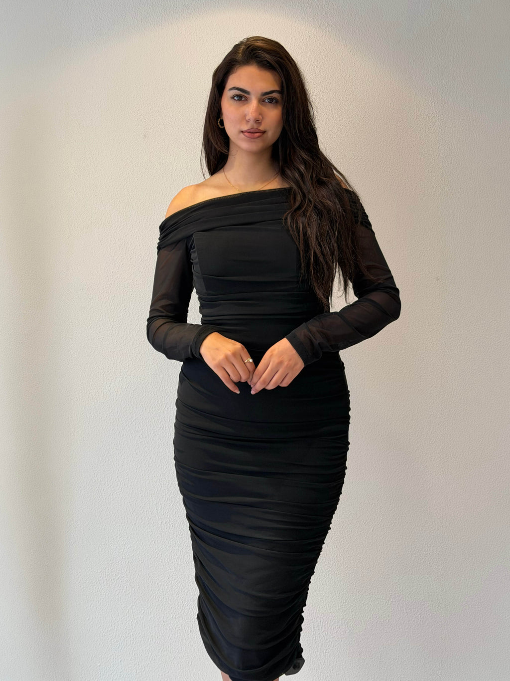 Title: Black Off-Shoulder Ruched Midi Dress