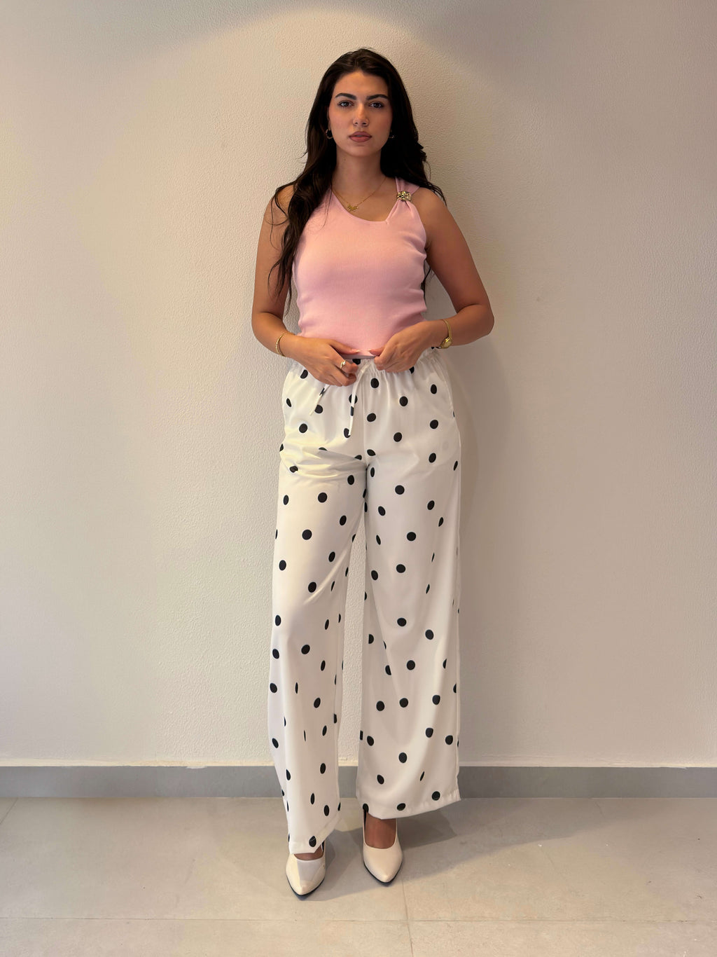 White Polka Dot Wide-Leg Pants