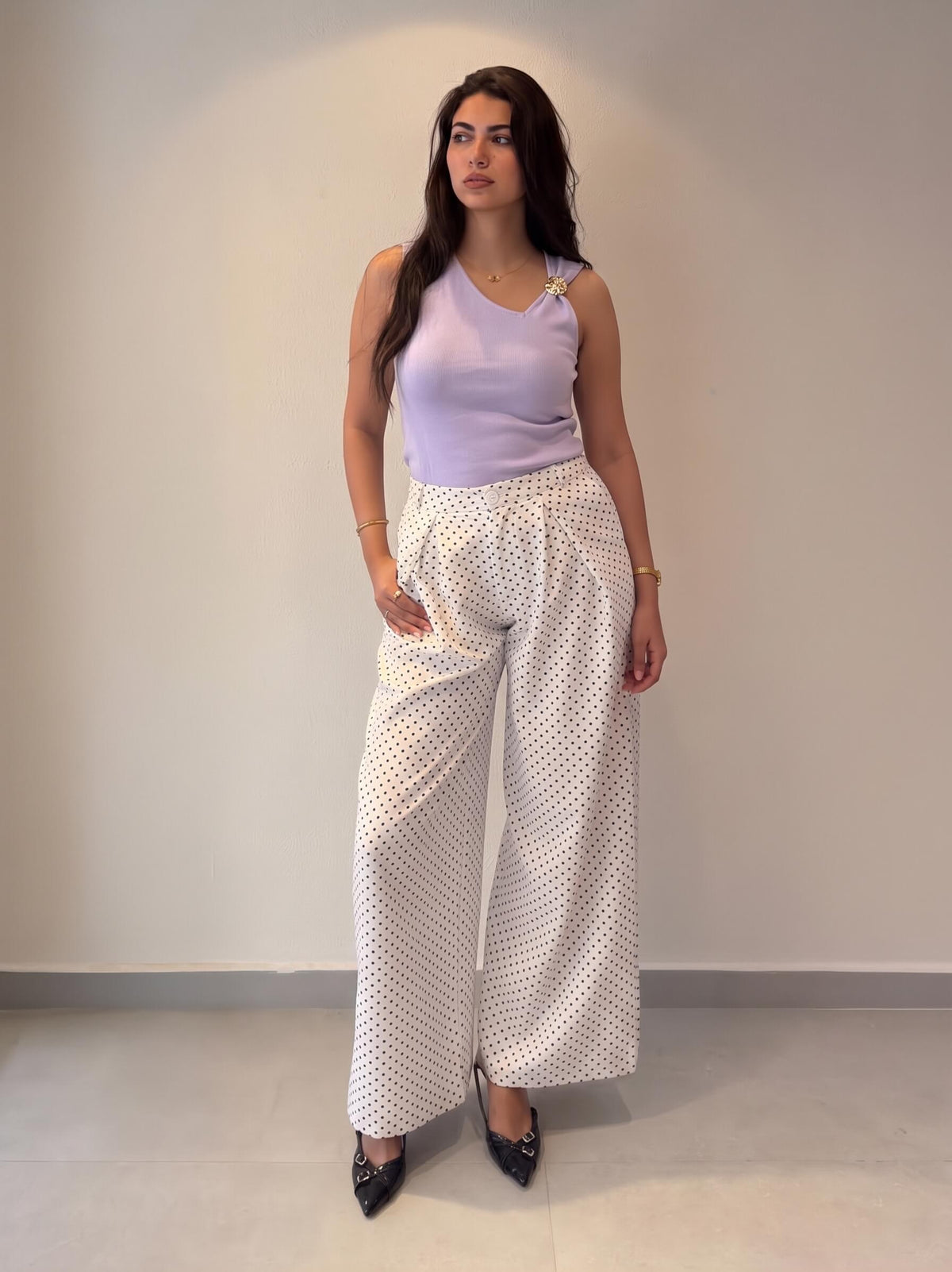 White Polka Dot Wide-Leg Pants