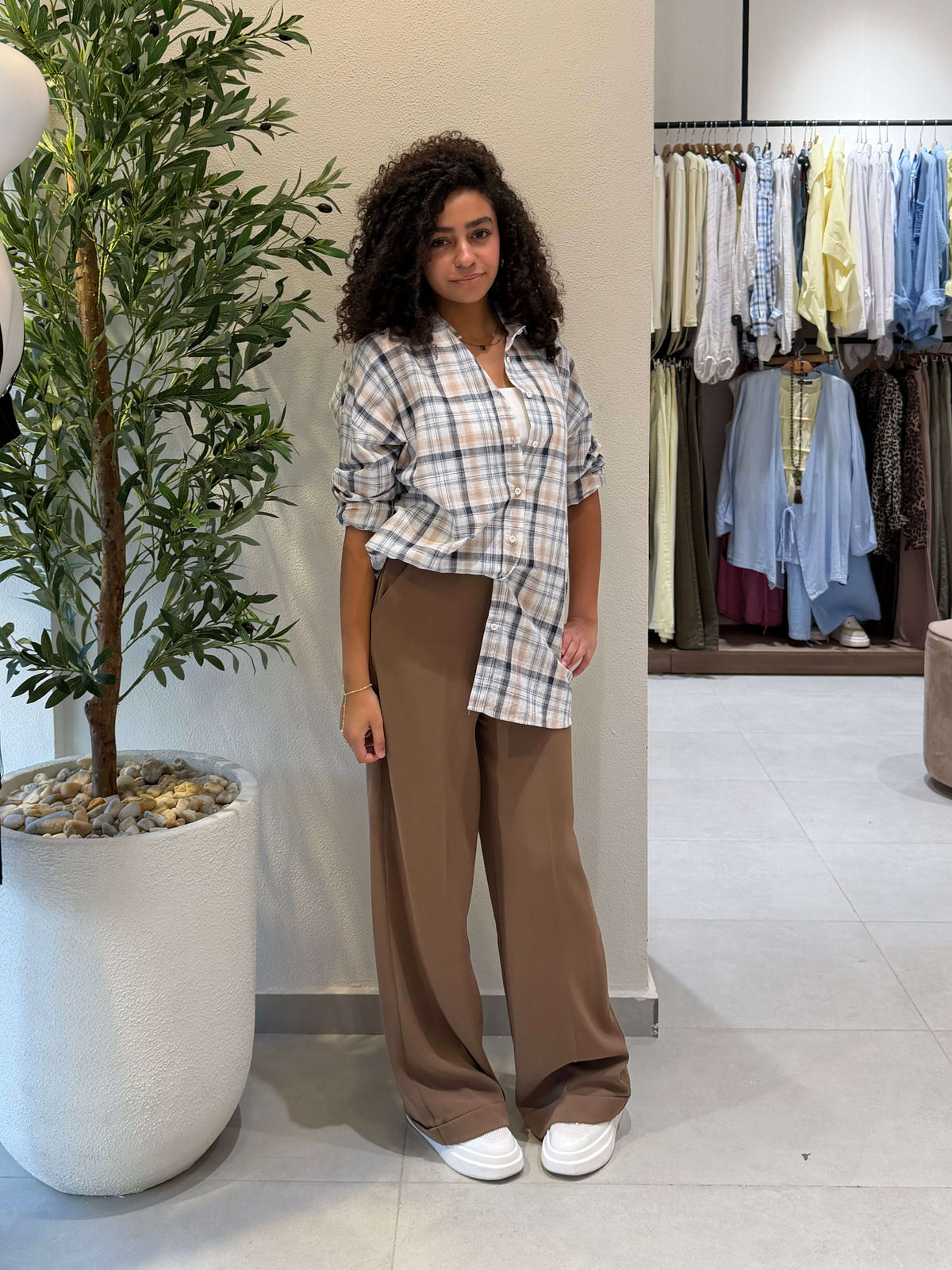 Beige Plaid Relaxed Button-Up Shirt